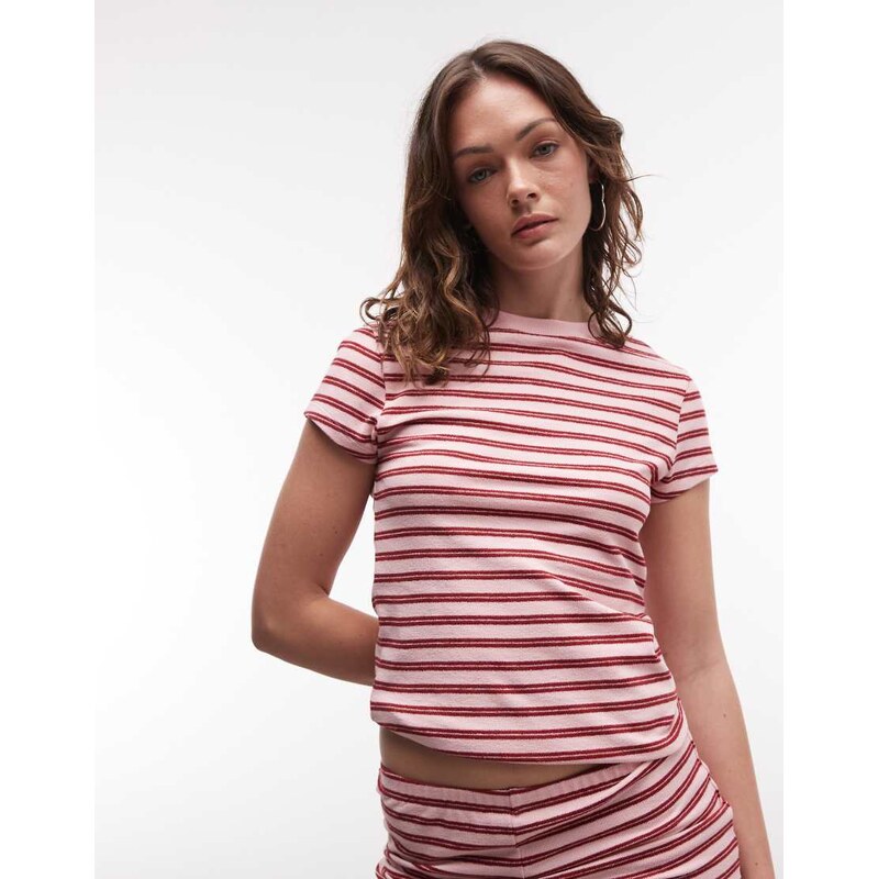 ASOS DESIGN co-ord textured knit baby tee in pink stripe-Multi