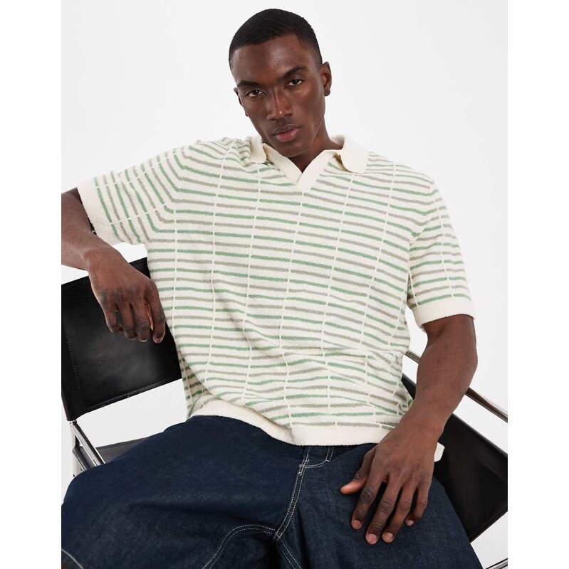 ASOS DESIGN short sleeve knitted texture stripe polo in in ecru