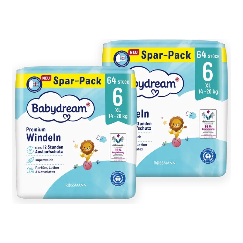 Babydream Pleny Premium XL, 14–20 kg, vel. 6, XXL balení 128 ks