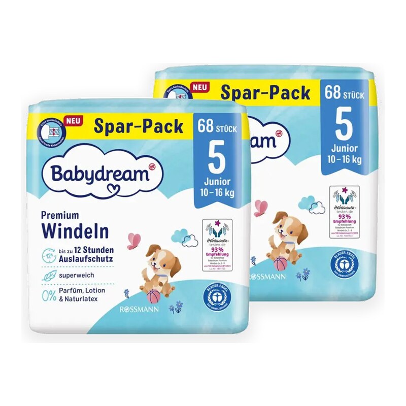 Babydream Pleny Premium Junior, 10–16 kg, vel. 5, XXL balení 136