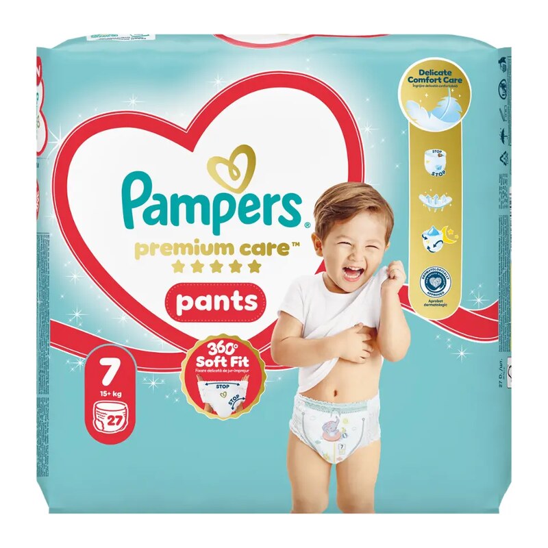 Pampers Plenkové kalhotky Premium Care, 17+ kg, vel. 7 27 ks