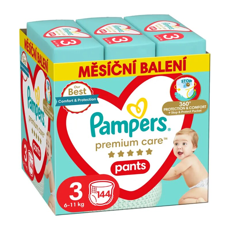 Pampers Plenkové kalhotky Premium Care, 6–11 kg, vel. 3, měsíční