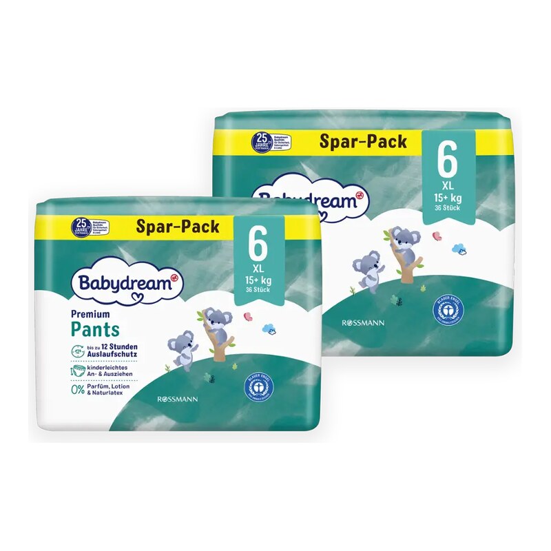 Babydream Plenkové kalhotky Premium XL, 15+ kg, vel. 6, 2×36 ks