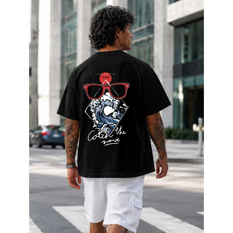 Pánské bavlněné tričko oversize s potiskem černé FashionStreet
