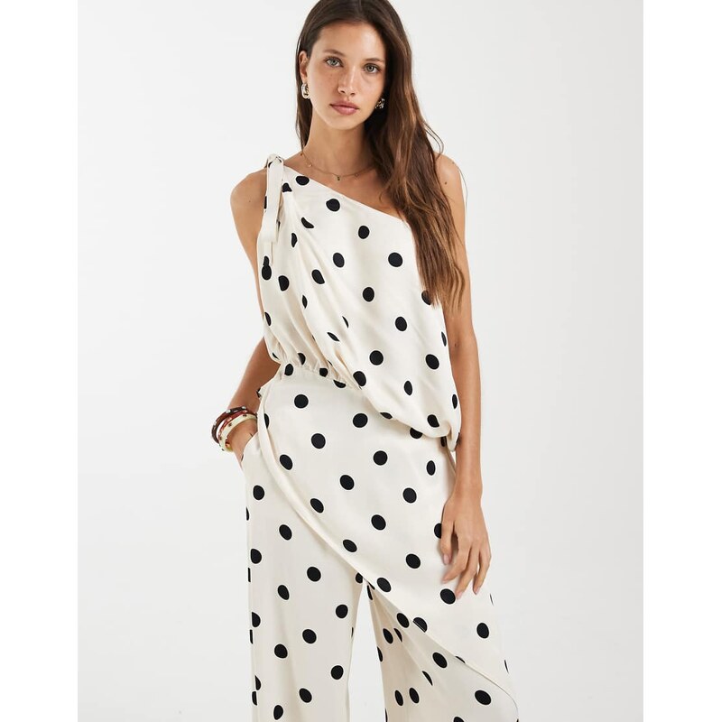 ASOS DESIGN satin asym cami top in cream polka dot co ord-Multi