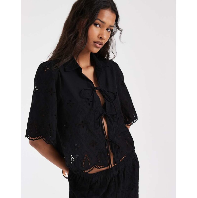 ONLY embroidery details tie front top co-ord in black