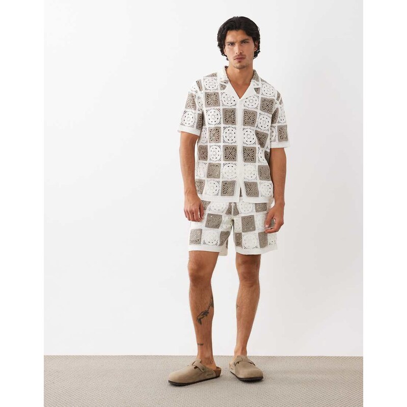 ASOS DESIGN knitted crochet short in sage & ecru-Multi