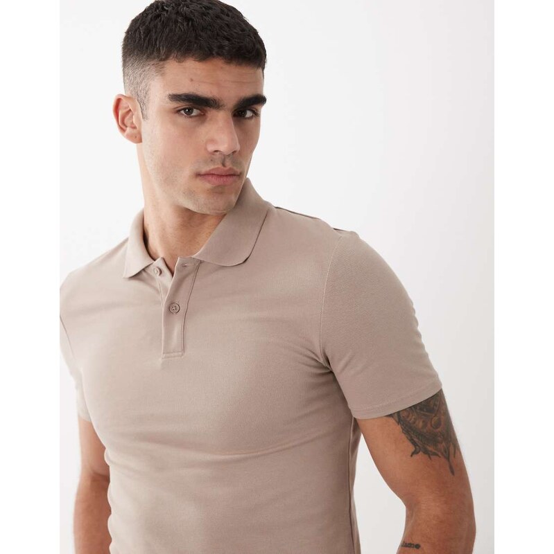 ASOS DESIGN Essentials muscle fit polo in stone pique-Neutral