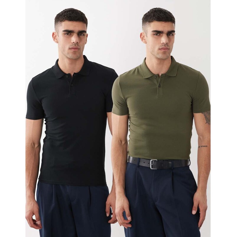 ASOS DESIGN Essentials 2 pack muscle fit polos in black and