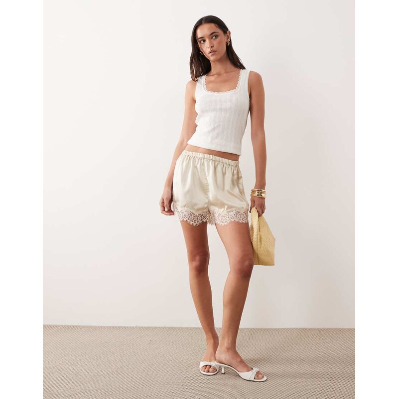 ASOS DESIGN satin and lace trim shorts-White