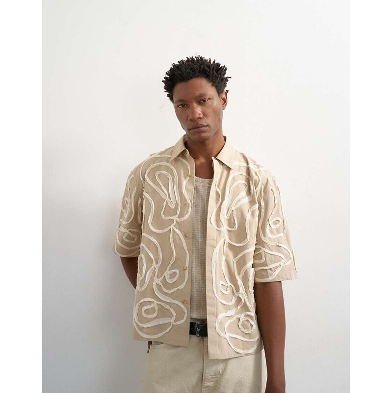 Topman relaxed fit crop shirt with all over floral rope applique