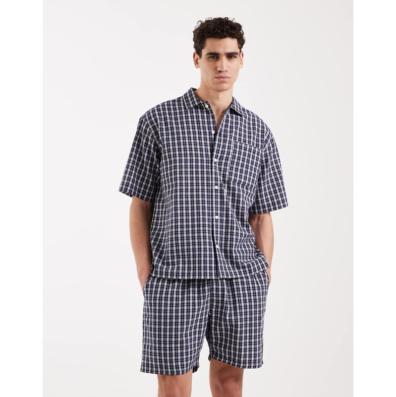 Redefined Rebel Slade comfort fit checked shorts co-ord in navy
