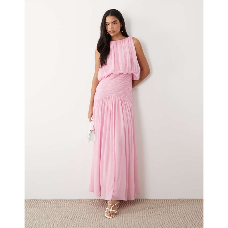 ASOS DESIGN draped gauged ruched waist detail maxi dress in pink