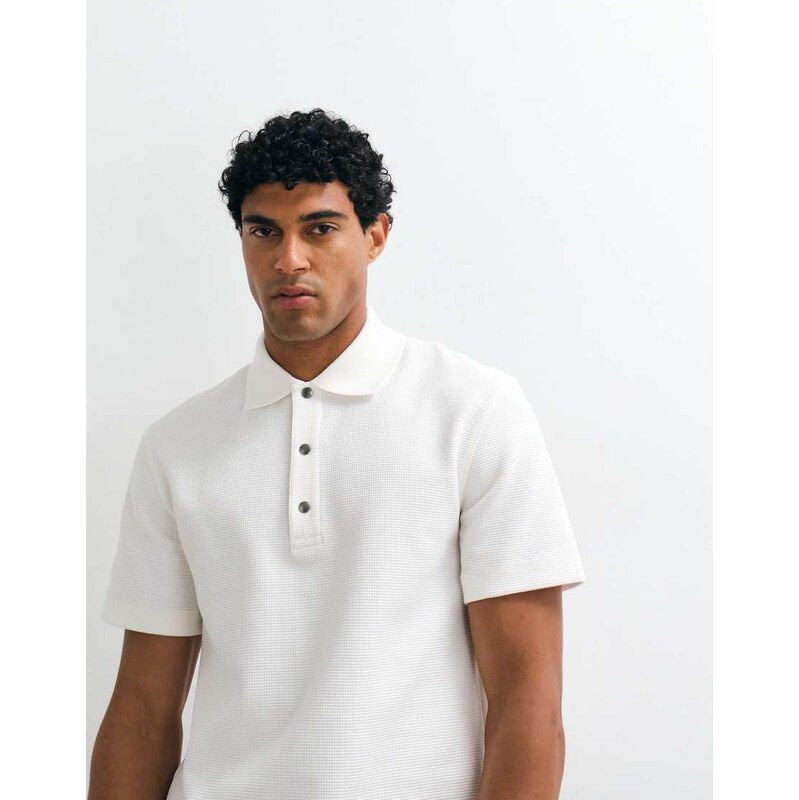 ARKET cotton rich short sleeve waffle polo in off white