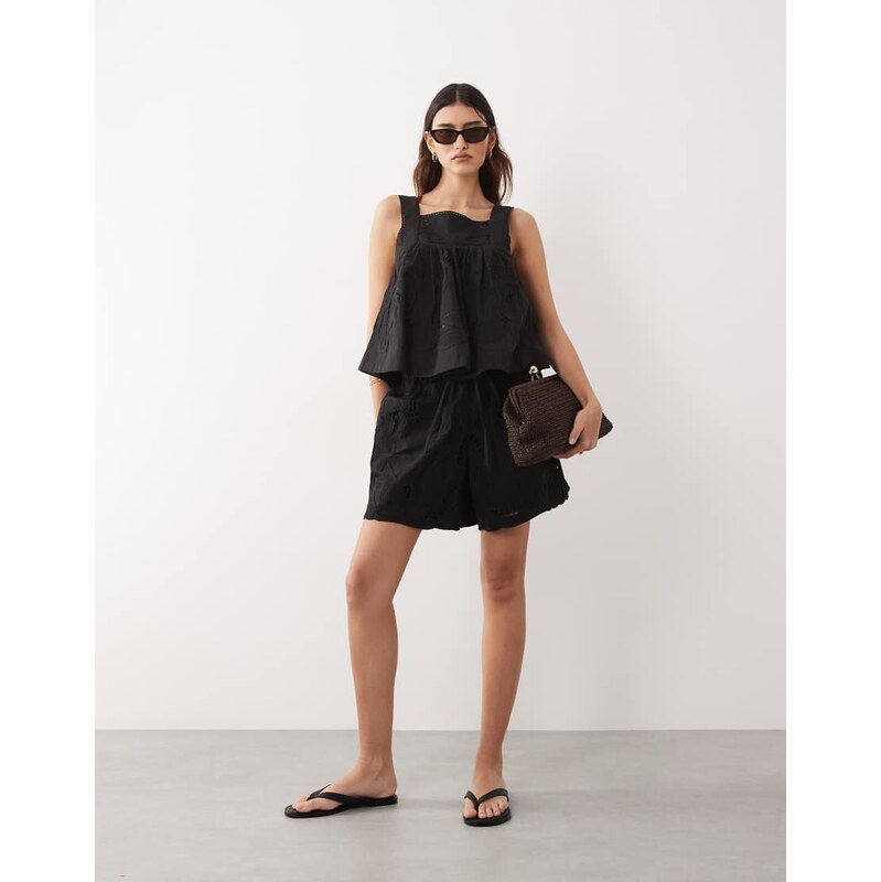ARRANGE cutwork floral embroidered shorts co-ord in black