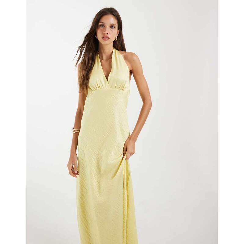 Object plunge front halterneck hammered satin maxi dress in pale