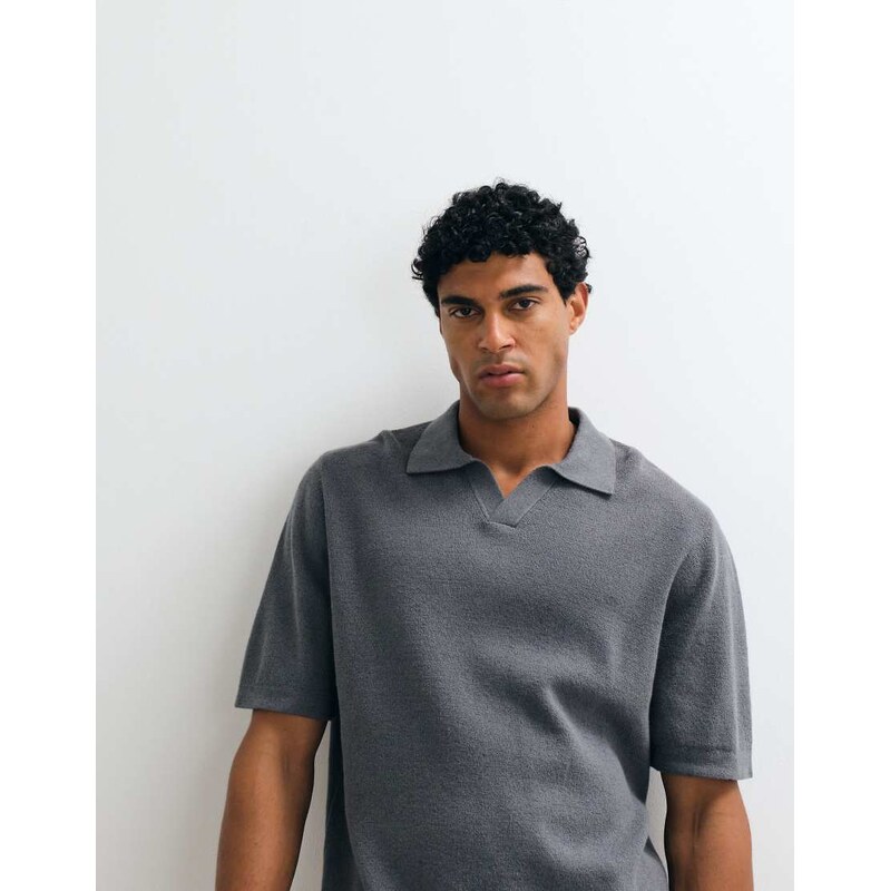 ARKET soft linen mix short sleeve polo shirt in dark grey