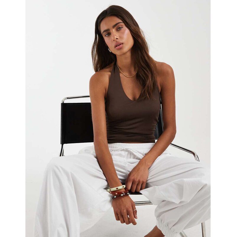 Pieces slinky halter neck top in chocolate brown