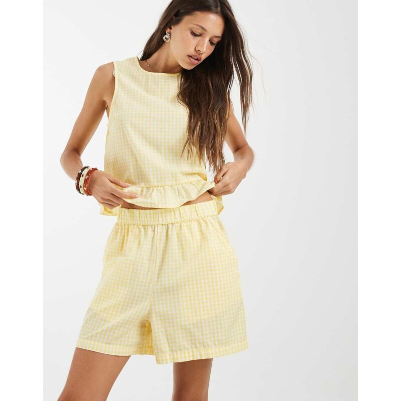 Pieces high waisted shorts co-ord in yellow and white gingham