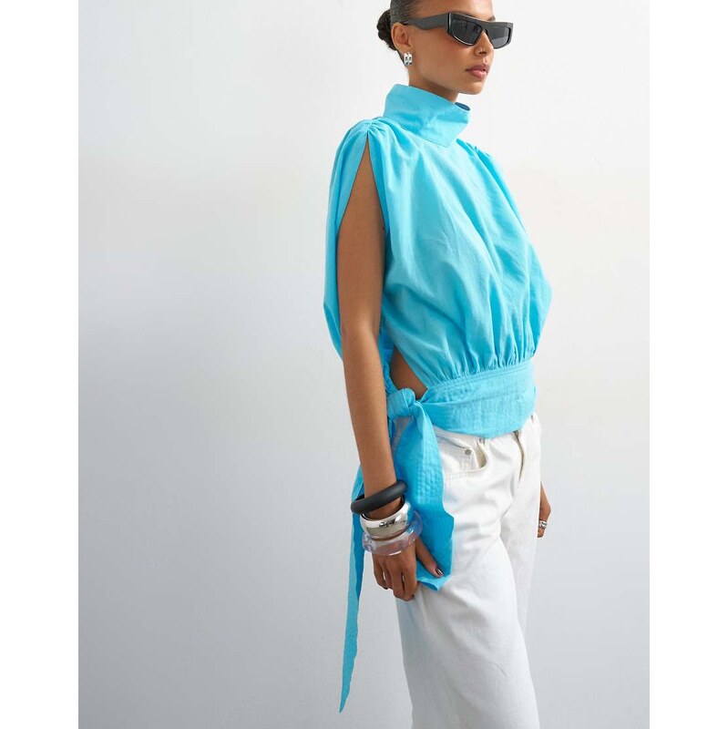 Topshop funnel neck gathered waist tie detail top in blue