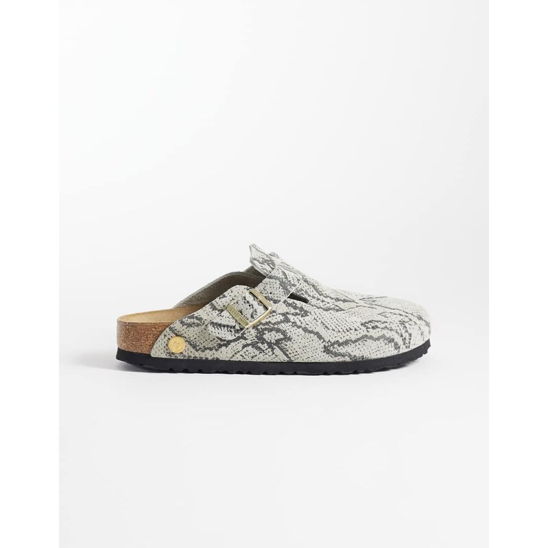 Birkenstock Boston Rivet suede clogs in snake print-White