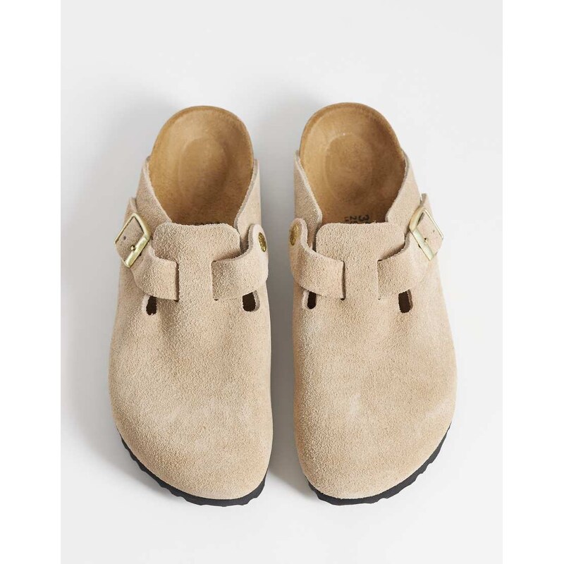 Birkenstock Boston narrow fit suede clogs in sandcastle-Neutral