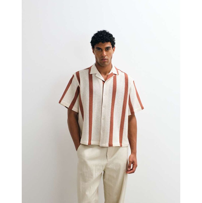 ASOS DESIGN boxy oversized revere crochet stripe shirt in beige