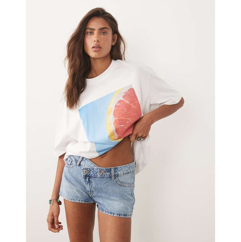 Mango Teen cross waist denim short in mid blue