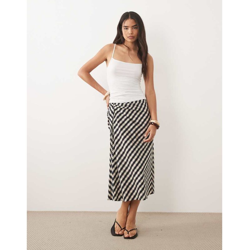 Mango ruched side midi skirt in navy check print