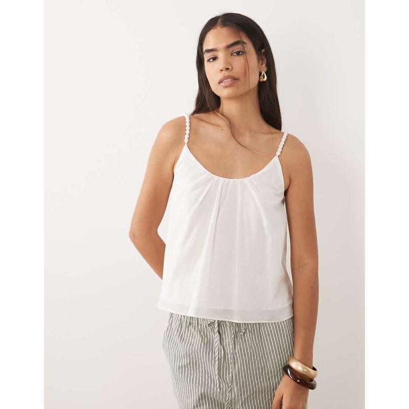 Mango 100% cotton beaded flowy cami top in white