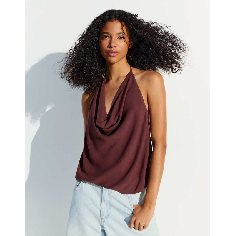 Bershka Draped halter top in brown