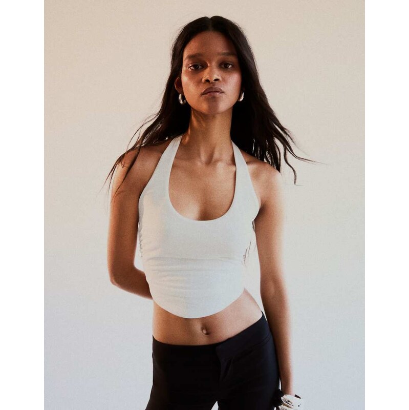 Bershka Halter neck top with back knot in white