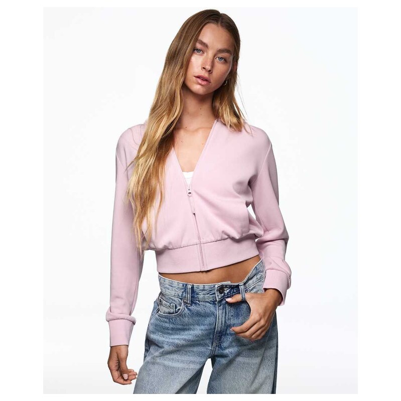 Bershka Zip-up hoodie in light pink