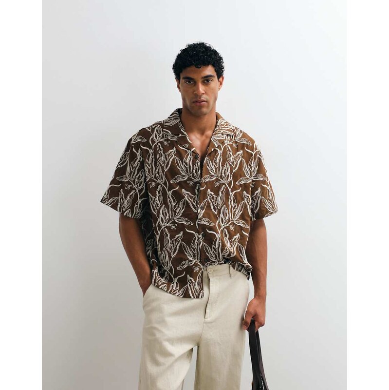 ASOS DESIGN oversized shirt with all over embroidery in brown