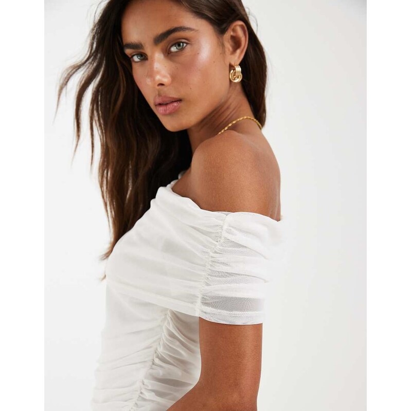 Object ruched mesh off the shoulder top in white