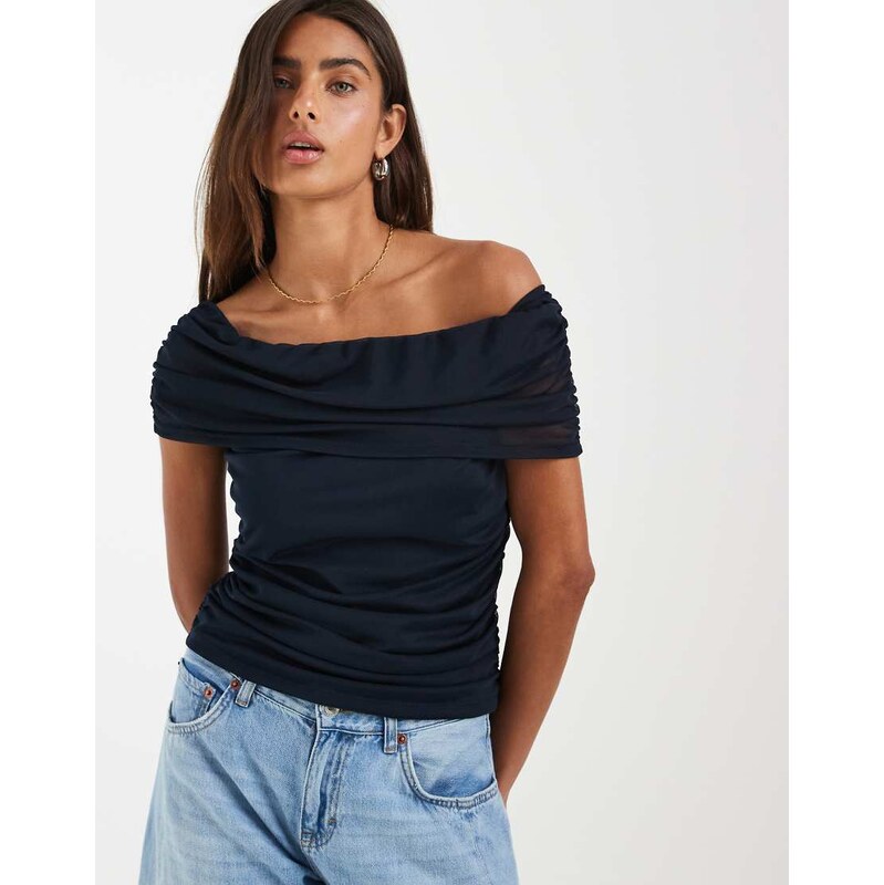 Object ruched mesh off the shoulder top in navy