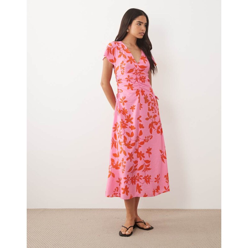 Mango v neck midi dress in pink floral print