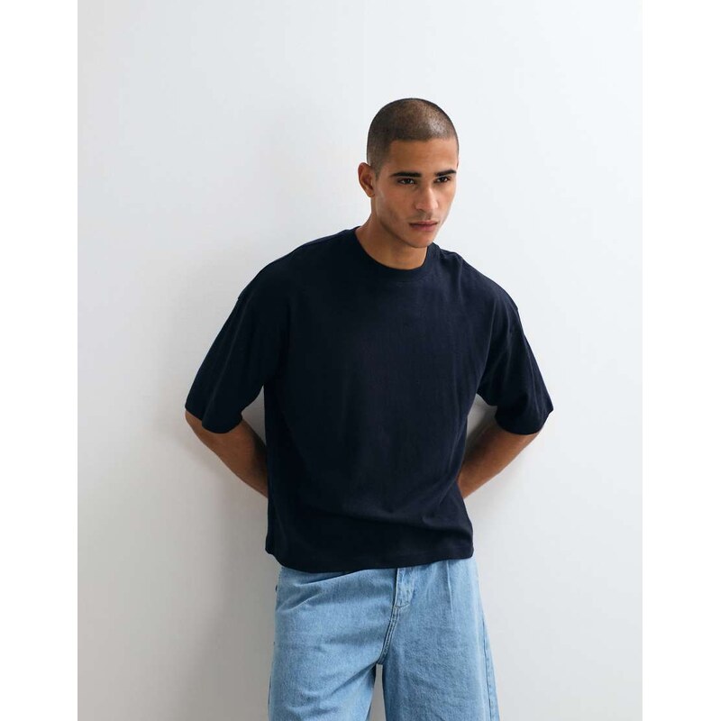 ASOS DESIGN boxy oversized t-shirt in navy with linen