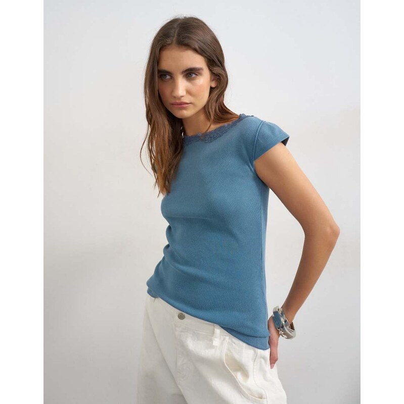 Topshop lace trim cap sleeve top in washed navy-No colour