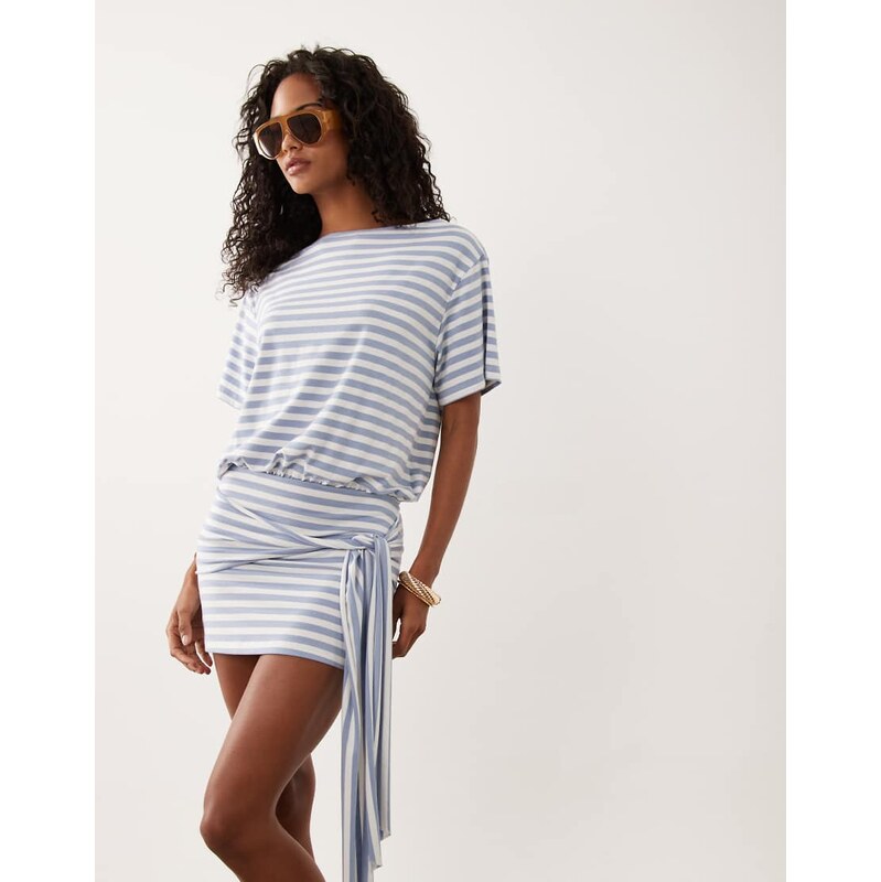 ASOS DESIGN striped t-shirt mini dress with tie detail in light