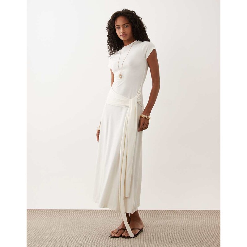 ASOS DESIGN short sleeve midi dress with tie waist in cream
