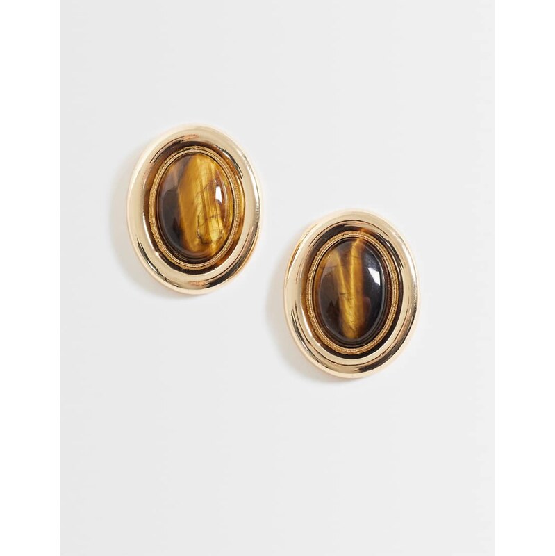 ASOS DESIGN stud earrings in gold tone with tigers eye stone