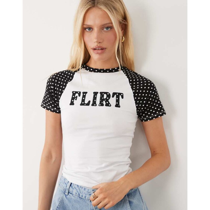 ASOS DESIGN contrast raglan sleeve baby tee with flirt slogan in