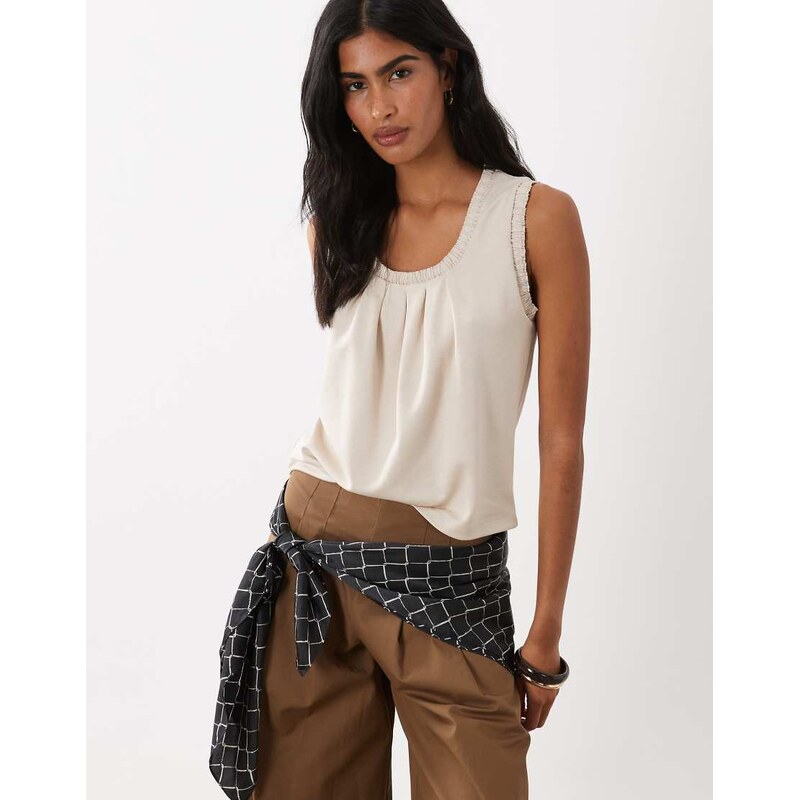 ASOS DESIGN woven trim pleat detail scoop vest in ecru-White