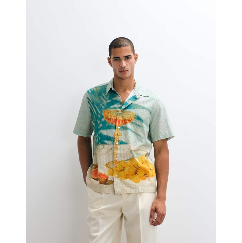 ASOS DESIGN relaxed seersucker shirt with placement print-Multi
