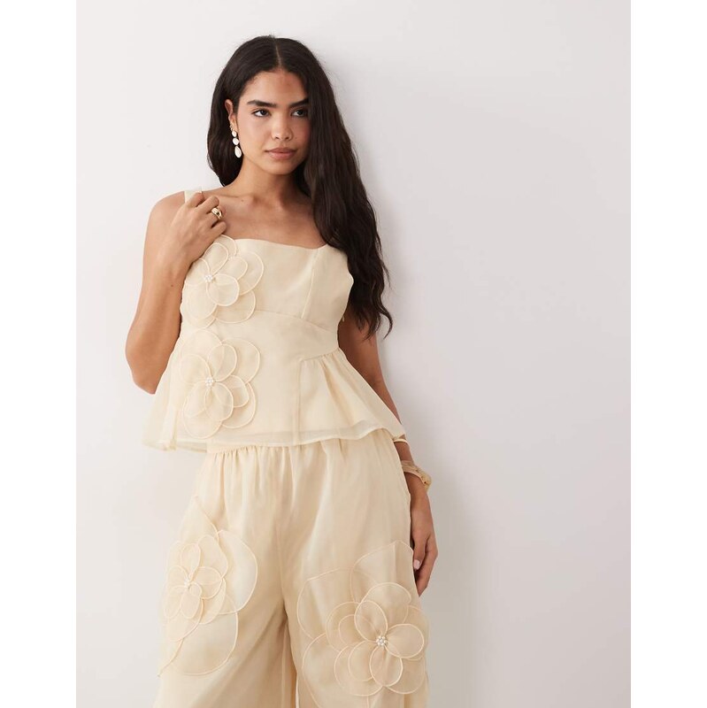 ASOS LUXE co-ord peplum crop top with flower detail in Apricot