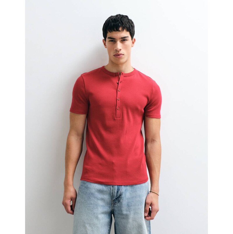 ASOS DESIGN muscle fit t-shirt with henley neck in red rib