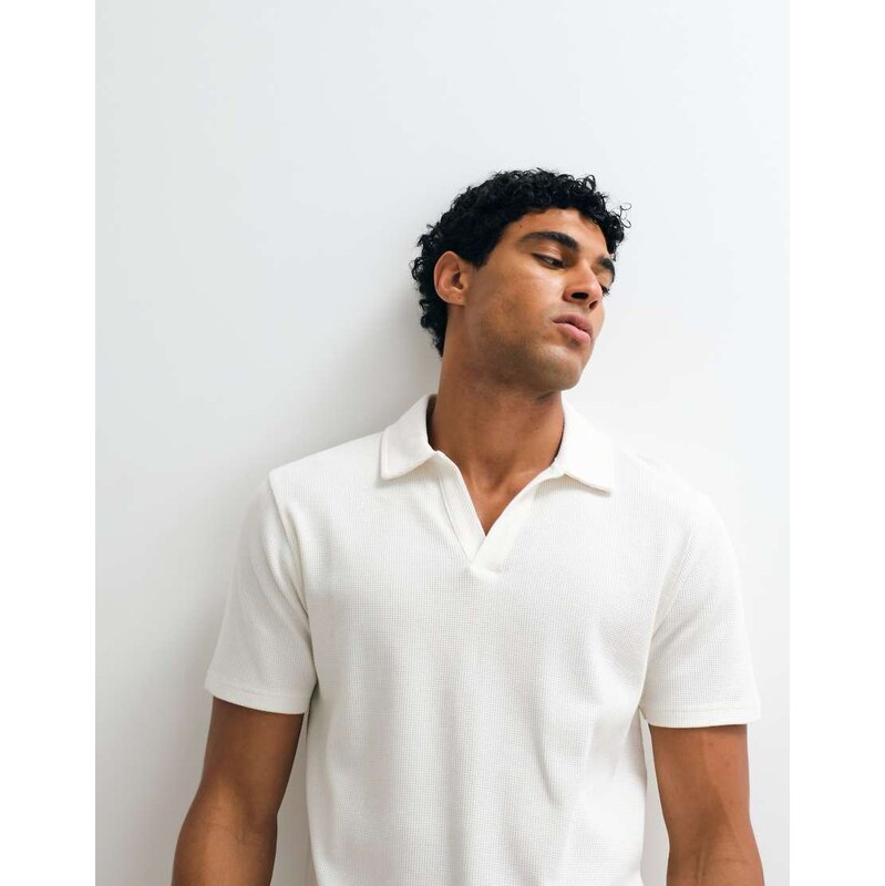 ASOS DESIGN regular fit revere polo in cream waffle-White