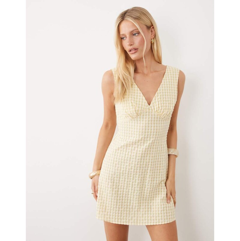 ASOS DESIGN v neck mini dress in cream gingham-Multi