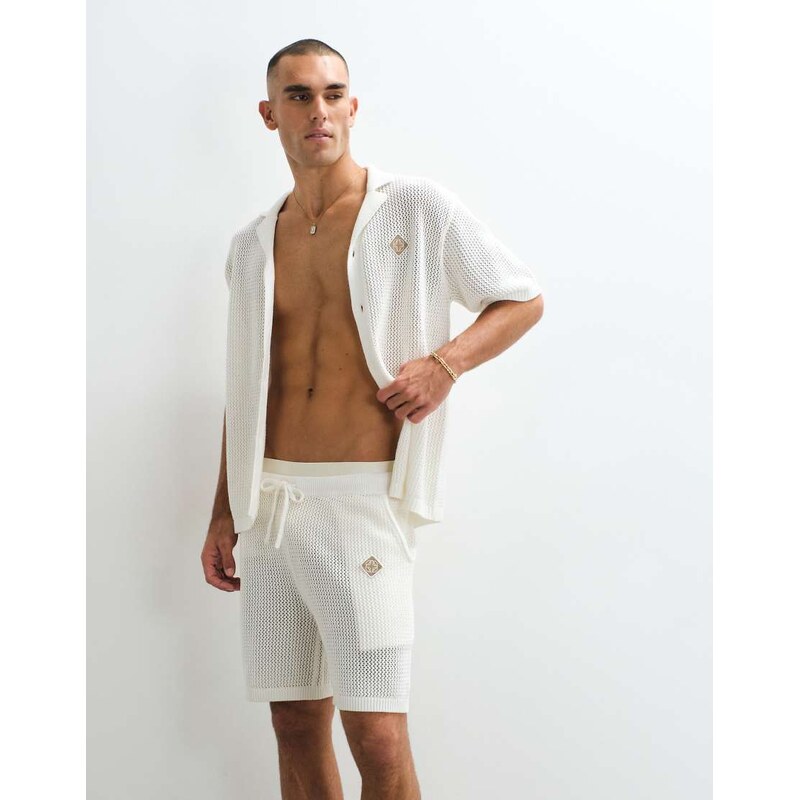 Belier crochet knit drawstring shorts co-ord in white